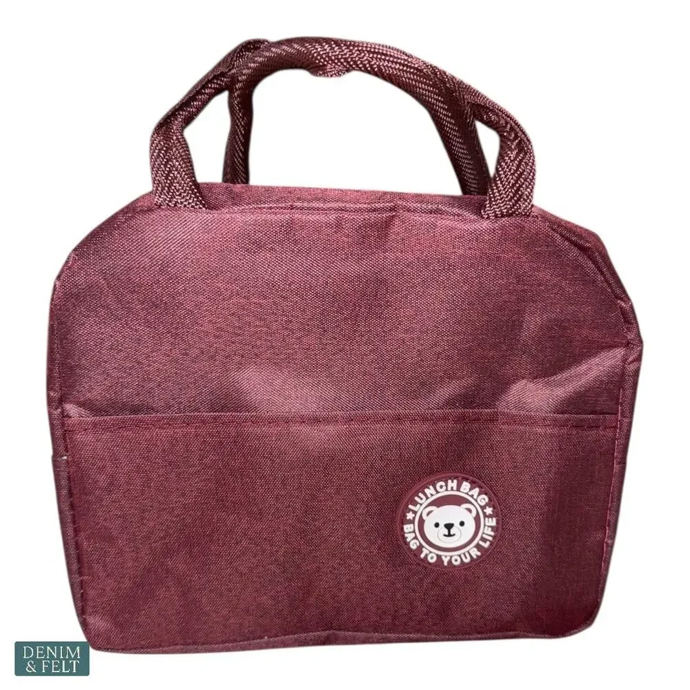 NEW Insulated Lunch Bag Burgundy Bear Logo Reusable Zip Closure Work School Tote